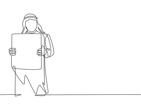Single continuous line drawing young muslim businessman showing white paper Illustrazione stock