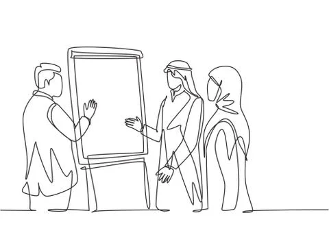 Single continuous line drawing of young muslim businessman presenting イラスト素材