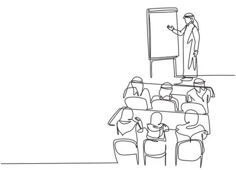 Single continuous line drawing of young muslim businessman do strategy Stock Illustration