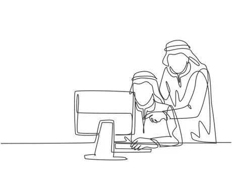 Single continuous line drawing of young muslim workers watching video Illustrazione stock