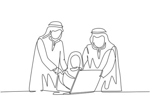 Single continuous line drawing of young happy muslim workers watching video Stock Illustration