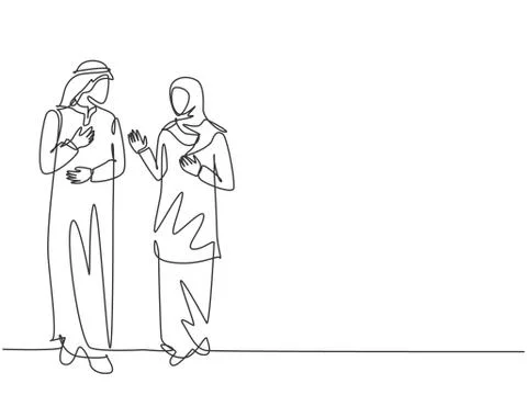 Single continuous line drawing of young muslim business couple discussing Stock Illustration