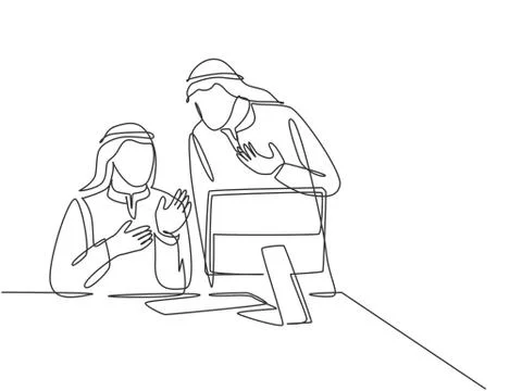 Single continuous line drawing of young muslim business men team members Stock Illustration