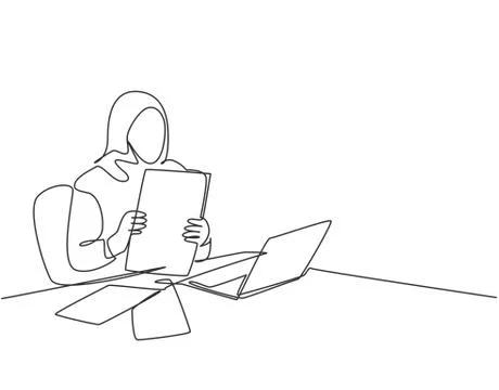 Single continuous line drawing of young muslim woman prepare business paper Illustrazione stock
