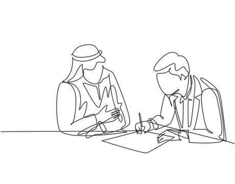 Single continuous line drawing of young muslim sign a business deal agreement 스톡 일러스트