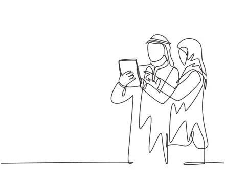 Single continuous line drawing of young muslim marketing manager discussing 스톡 일러스트