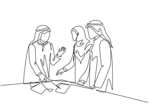 Single continuous line drawing of young muslim startup founder discussing Stock-Illustration