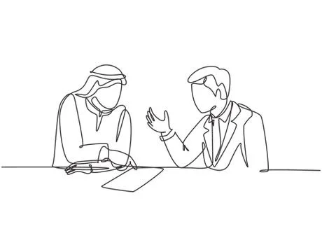 Single continuous line drawing of young muslim discussing business deal Stock Illustration