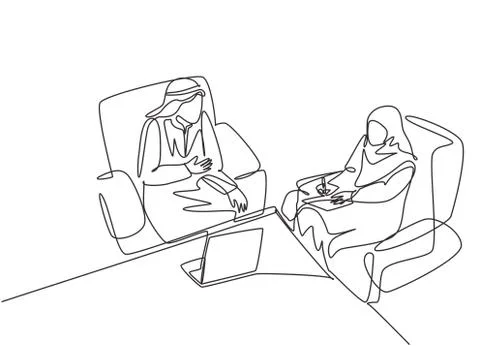 Single continuous line drawing of young muslim businessman and businesswoman イラスト素材