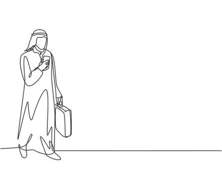 Single continuous line drawing of young male muslim worker watching phone Stock Illustration