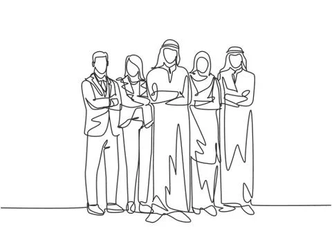 Single continuous line drawing of young male and female muslim staff employee Stock Illustration