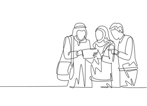 Single continuous line drawing of young male and female muslim worker discuss Stock Illustration