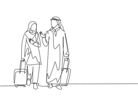 Single continuous line drawing of young male and female muslim managers Stock-Illustration