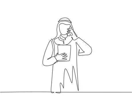 Single continuous line drawing of young male muslim supervisor calling staff Illustrazione stock