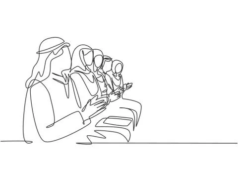 Single continuous line drawing of young male and female muslim workers Stock Illustration