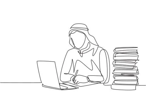 Single continuous line drawing of young male muslim businessman writing イラスト素材