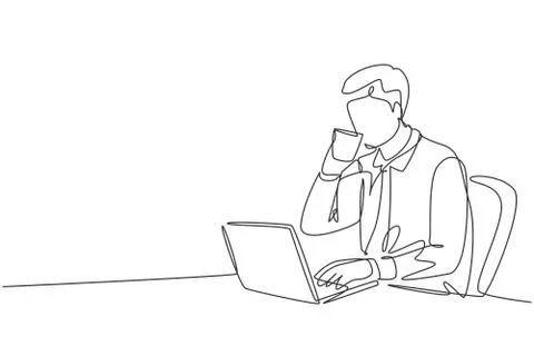 Single continuous line drawing of young happy manager checking report Illustrazione stock