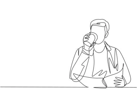 Single continuous line drawing of young happy startup manager reading news Illustrazione stock