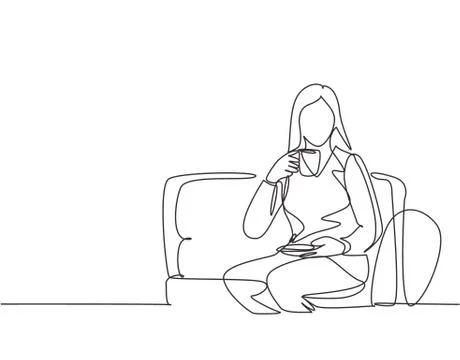Single continuous line drawing of young businesswoman relax and take a coffee Illustrazione stock