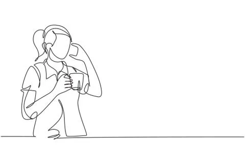 Single continuous line drawing of young female employee calling her partner Illustrazione stock