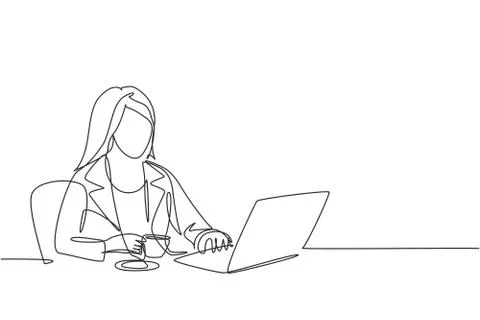 Single continuous line drawing of young businesswoman typing business ideas Illustrazione stock