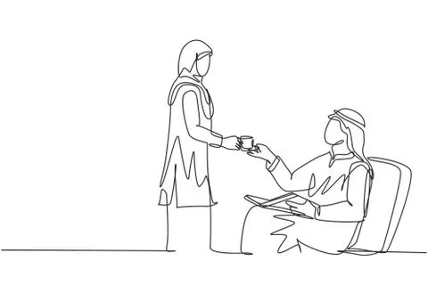 Single continuous line drawing of young wife muslimah giving a cup of coffee Stock Illustration