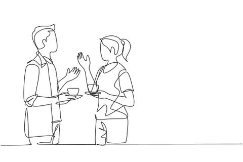Single continuous line drawing of young male and female workers talking Illustrazione stock