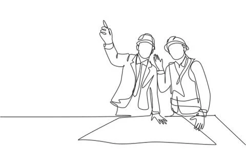Single continuous line drawing young construction manager giving instruction Stock Illustration