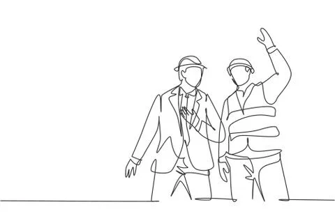 Single continuous line drawing of young architect coordinator explaining Illustrazione stock