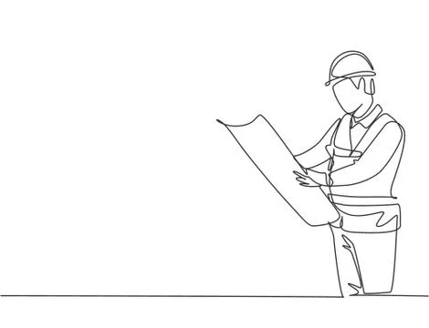 Single continuous line drawing of young attractive architect checking sketch Illustrazione stock