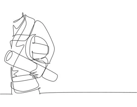 Single continuous line drawing of young architect holding helmet Stock Illustration