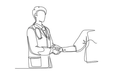 Single continuous line drawing young doctor shaking hand the patient in hos.. Stock Illustration