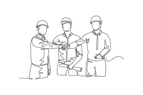 Single continuous line drawing young builder and architect wearing construc.. Stock Illustration