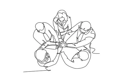 Single continuous line drawing of young business group holding hand togethe.. Stock Illustration