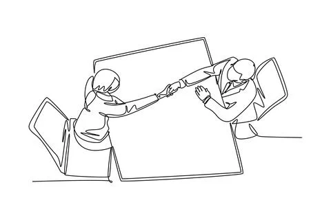 Single continuous line drawing young manager handshake his female worker to.. Stock Illustration