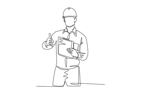 Single continuous line drawing young construction worker foreman carrying c.. Stock Illustration