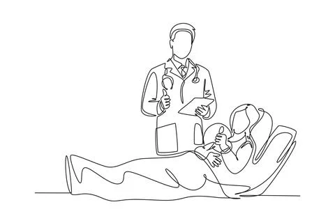 Single continuous line drawing young doctor visiting patient who are lying .. Illustrazione stock