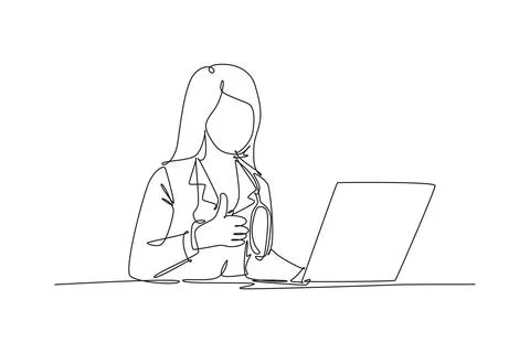 Single continuous line drawing young happy doctor woman open a laptop to wr.. Stock-Illustration