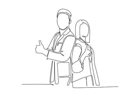Single continuous line drawing young happy couple male and female doctor st.. イラスト素材