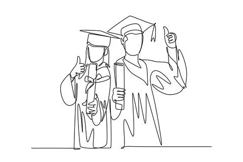 Single continuous line drawing young happy couple male and female student w.. 스톡 일러스트