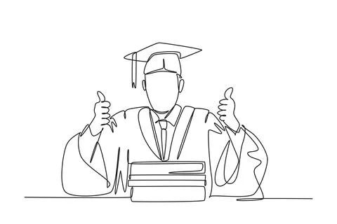 Single continuous line drawing young happy graduate male college student we.. Stock Illustration