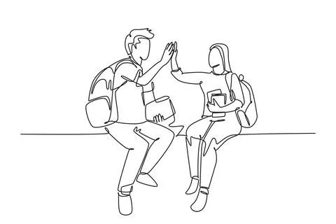 Single continuous line drawing young happy couple man and woman student sit.. Stock-Illustration