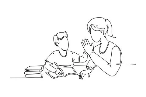 Single continuous line drawing young happy mother accompany her kid studyin.. Stock Illustration