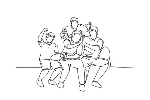Single continuous line drawing young happy group fans siting on sofa and wa.. Stock Illustration