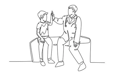 Single continuous line drawing young happy male doctor checking up sick pat.. Stock Illustration