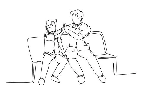 Single continuous line drawing young happy father sitting relax on wood ben.. イラスト素材