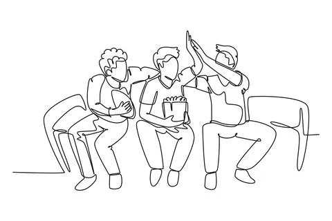 Single continuous line drawing young happy fans siting on sofa and watching.. Stock Illustration