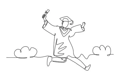 Single continuous line drawing of young happy college student jumping high .. Stock Illustration