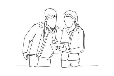 Single continuous line drawing young happy male and female marketing manage.. Stockillustratie