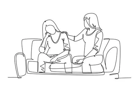Single continuous line drawing of young female worker hug and cheering her .. Stock Illustration